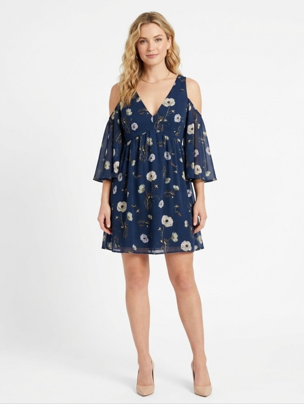 BB Dakota Floral Cold Shoulder Bell Sleeve Mini Dress Navy Blue Size L